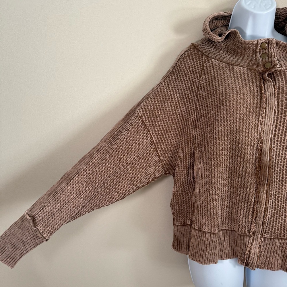Zenana Women’s Zip Hoodie Sweatshirt Acid Mineral Wash Beige Waffle Texture L - Picture 2 of 10